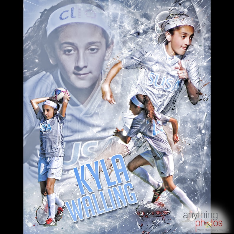 May include: A collage of photos of a young girl playing football. The photos are set against a blue and white background with a grunge effect. The girl is wearing a blue and white football kit and is holding a football. The text "KYLA WALLING" is written in large blue letters across the bottom of the image.