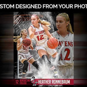 May include: A custom designed basketball poster featuring a female basketball player in a white and red jersey with the number 12. The jersey says "Lady Ravens" and the player is holding a basketball. The poster has a white and red striped background with the text "Heather Ronnebaum" and "12 Benedictine College" at the bottom.