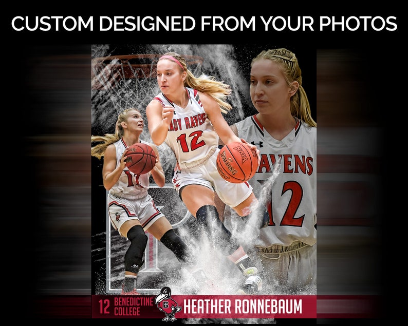 May include: A custom designed basketball poster featuring a female basketball player in a white and red jersey with the number 12. The jersey says "Lady Ravens" and the player is holding a basketball. The poster has a white and red striped background with the text "Heather Ronnebaum" and "12 Benedictine College" at the bottom.