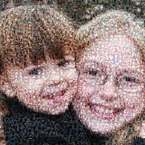 May include: A mosaic portrait of two people, made up of many smaller images of faces. The mosaic is in shades of brown, pink, and white.