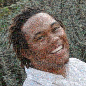 May include: A mosaic portrait of a person smiling with their head tilted back. The mosaic is made up of many small images, creating a pixelated effect.