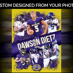 May include: A custom designed poster featuring multiple football players in purple and white uniforms. The poster includes the text "CUSTOM DESIGNED FROM YOUR PHOTOS" at the top and "DAWSON DIETZ" and "2017" in the center. The team name "Hillbillies" is also visible.
