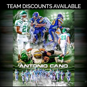 May include: A digital composite featuring football players in action, with the text "TEAM DISCOUNTS AVAILABLE" at the top. The name "ANTONIO CANO" is prominently displayed. Players wear green, blue, and white uniforms. The image has a dynamic, action-oriented design.