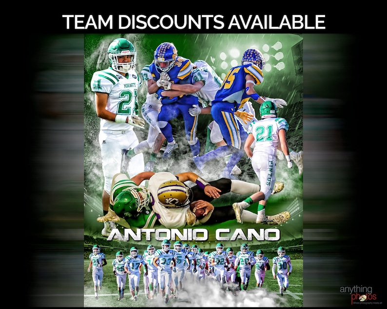 May include: A digital composite featuring football players in action, with the text "TEAM DISCOUNTS AVAILABLE" at the top. The name "ANTONIO CANO" is prominently displayed. Players wear green, blue, and white uniforms. The image has a dynamic, action-oriented design.