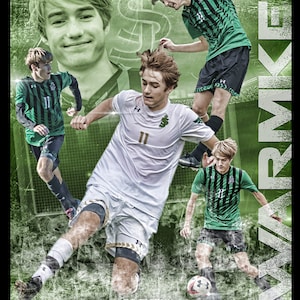 May include: A collage of photos of a young man playing football. The photos are arranged in a grid pattern and feature the player in various poses. The player is wearing a green and white football kit with the number 11 on the back. The text "#11 CAPTAIN KEVIN" is at the bottom of the collage. The text "2018 SAINT JOSEPH FALCONS" is also at the bottom of the collage.