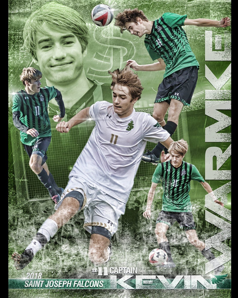 May include: A collage of photos of a young man playing football. The photos are arranged in a grid pattern and feature the player in various poses. The player is wearing a green and white football kit with the number 11 on the back. The text "#11 CAPTAIN KEVIN" is at the bottom of the collage. The text "2018 SAINT JOSEPH FALCONS" is also at the bottom of the collage.