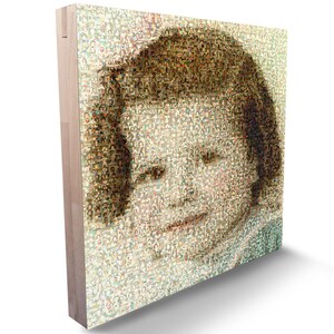May include: A mosaic portrait of a person's face made up of hundreds of smaller images of faces. The mosaic is framed in a wooden frame.