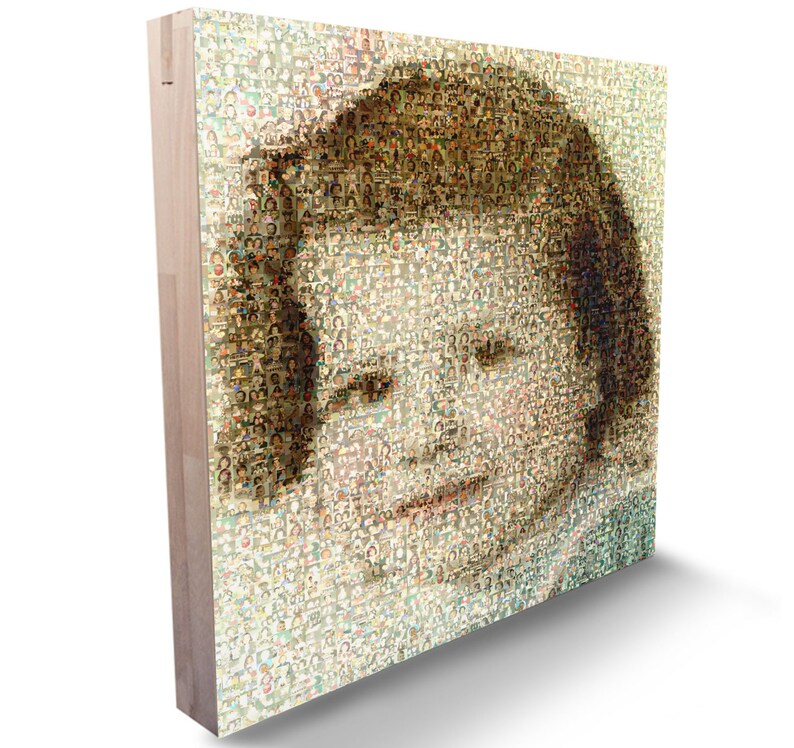 May include: A mosaic portrait of a person's face made up of hundreds of smaller images of faces. The mosaic is framed in a wooden frame.
