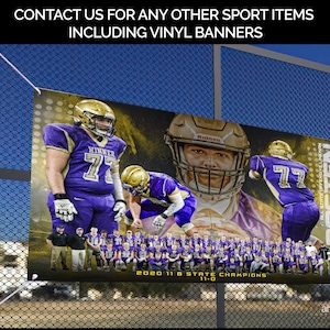 May include: A vinyl banner featuring a football team in purple and gold uniforms. The banner includes the text "WINNER 77" and "BOSTEN". The banner also reads "2020 11 B STATE CHAMPIONS 11-0". The banner is displayed on a chain-link fence.