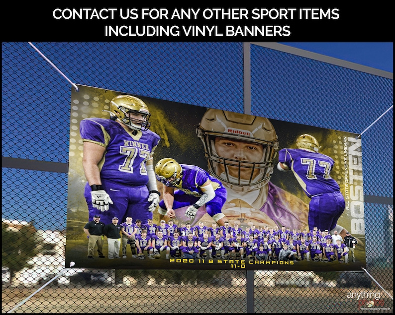 May include: A vinyl banner featuring a football team in purple and gold uniforms. The banner includes the text "WINNER 77" and "BOSTEN". The banner also reads "2020 11 B STATE CHAMPIONS 11-0". The banner is displayed on a chain-link fence.
