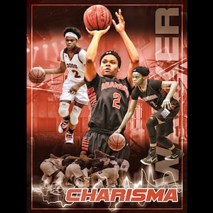 May include: A basketball poster with a red, white and black colour scheme. The poster features a basketball player in a black and orange jersey with the word "BRANDON" on the front and the number "2" on the chest. The player is holding a basketball and is surrounded by other basketball players. The poster also features the word "CHARISMA" in white letters on a black background.