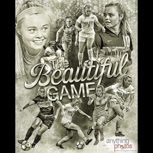 May include: A black and white photo collage of female football players in action. The text "The Beautiful GAME" is superimposed over the image. The text "anything photos" is at the bottom of the image.