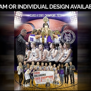 May include: A group of girls basketball players in purple and white uniforms pose with a trophy and banner that reads "2020 Oklahoma State Champions Girls Basketball". The team is standing on a basketball court with a large basketball in the background.