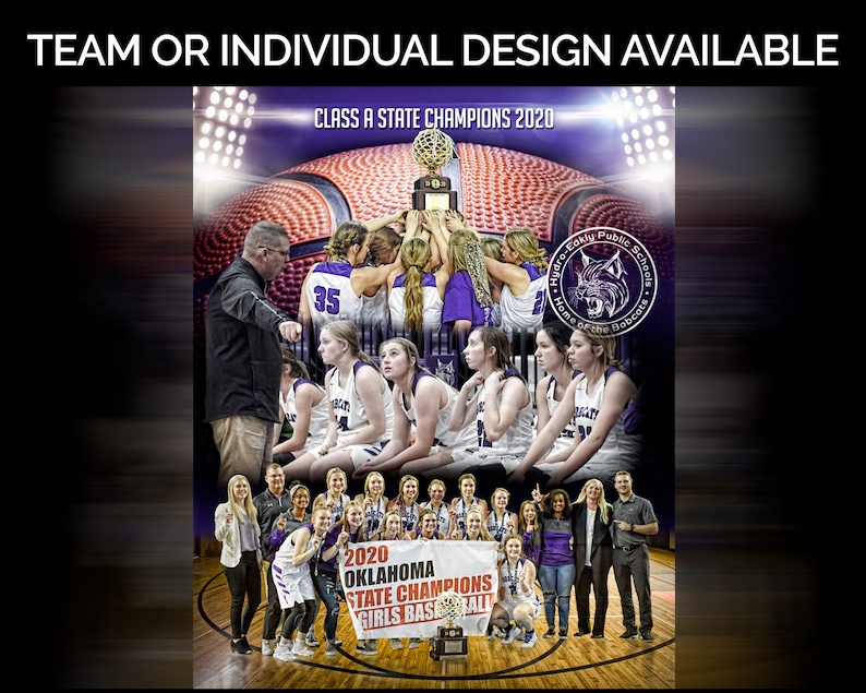 May include: A group of girls basketball players in purple and white uniforms pose with a trophy and banner that reads "2020 Oklahoma State Champions Girls Basketball". The team is standing on a basketball court with a large basketball in the background.