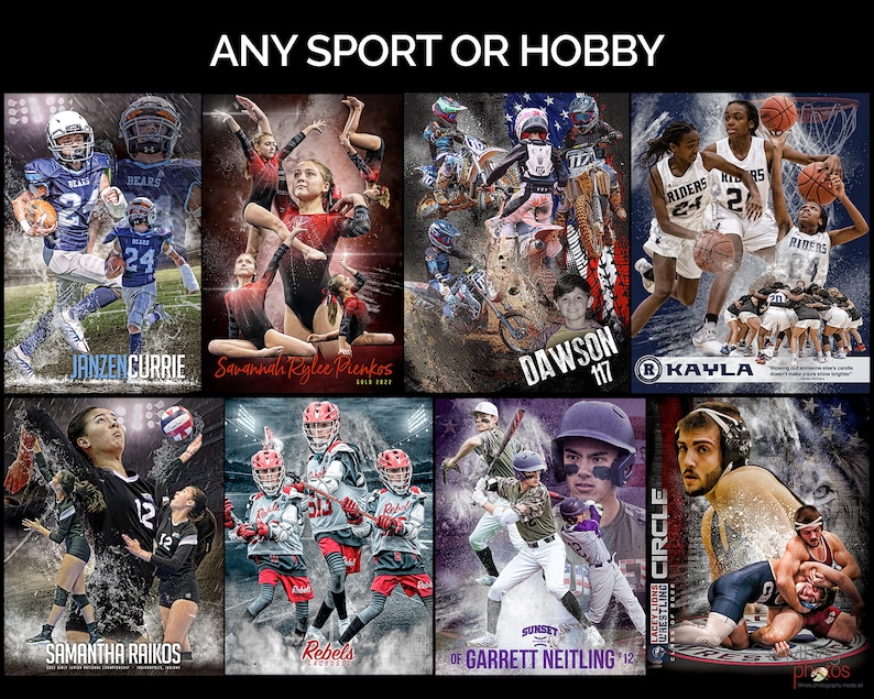 May include: A collage of sports-themed posters featuring athletes in action. The posters showcase football, gymnastics, motocross, basketball, volleyball, lacrosse, baseball, and wrestling. Each poster includes the athlete's name and team.