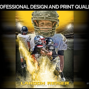 May include: A digitally enhanced image featuring young football players in action. The image has a yellow and black color scheme, with the text "PROFESSIONAL DESIGN AND PRINT QUALITY" at the top and "LANDON REISER SAN ANTONIO TIGERS" at the bottom.