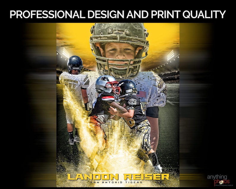 May include: A digitally enhanced image featuring young football players in action. The image has a yellow and black color scheme, with the text "PROFESSIONAL DESIGN AND PRINT QUALITY" at the top and "LANDON REISER SAN ANTONIO TIGERS" at the bottom.