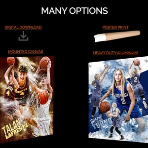 May include: Two basketball player images, one of a male player with the text "TALAN LAFRENTZ" and the other of a female player with the text "GRACIE YOUNG". The images are shown as different product options: a mounted canvas and a heavy duty aluminum print.
