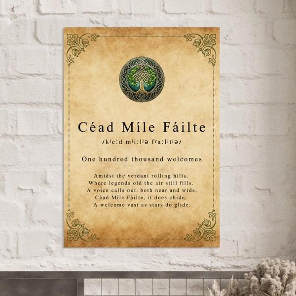 Céad Míle Fáilte Celtic-Inspired Digital Wall art(PDF) with Book of Kells style, Celtic word of wisdom poster, Celtic design