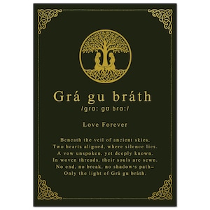 Puede incluir: Impresión rectangular verde oscuro con borde y detalles dorados de nudos celtas. La impresión presenta las palabras "Grá gu bráth" y "Love Forever" en letras doradas, junto con un diseño de árbol dorado y un poema.