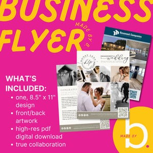 Può includere: Un volantino aziendale rosa con testo giallo che recita "BUSINESS FLYER" e "MADE BY B.". Il volantino include un elenco di funzionalità ed esempi di fotografia. Il volantino misura 21,6 cm x 27,9 cm.