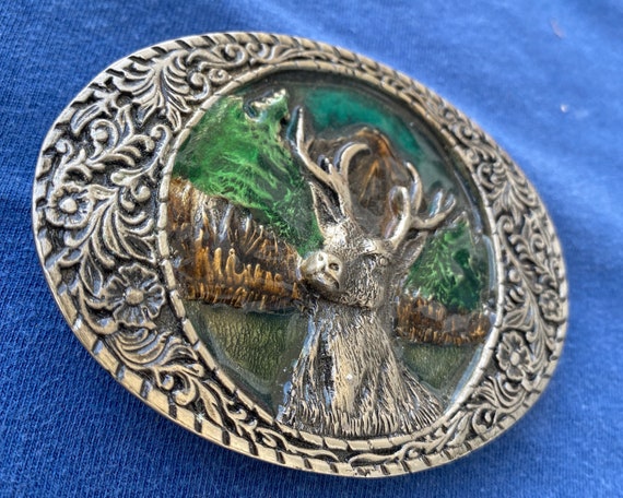 Vintage Deer Elk Mountains Belt Buckle - image 2