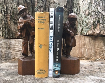 Vintage Wooden Hand-carved Travelers Bookends