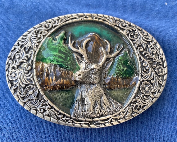 Vintage Deer Elk Mountains Belt Buckle - image 1