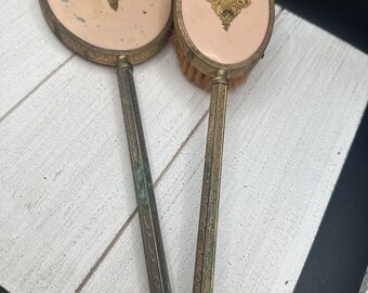 Vintage Victorian Vanity Hand Held Mirror Brush Set Pink Intricate Copper Brass