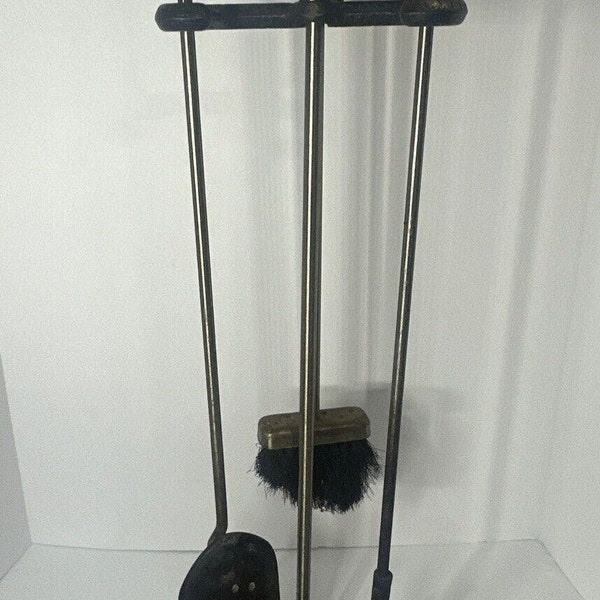 Vintage Brass Fireplace Mantel Accessory Shovel Poke Broom & Stand 4-piece Set