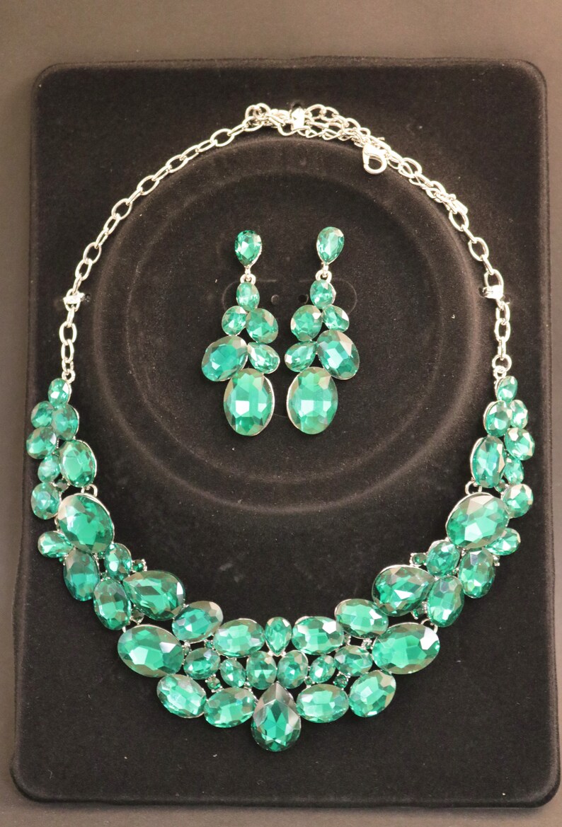 Emerald Green Necklace earrings set Green rhinestone Emerald | Etsy