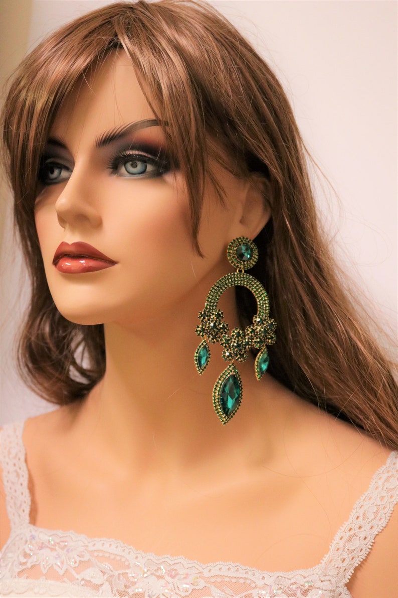 Emerald Green Earrings Long Rhinestone Teardrop Earrings Etsy