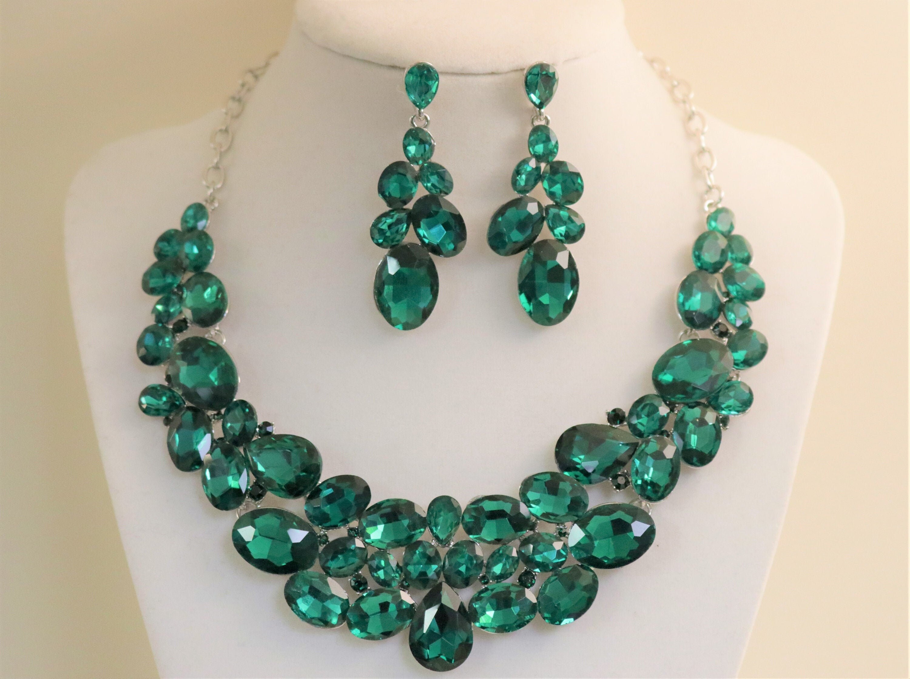 Emerald Green Necklace earrings set Green rhinestone Emerald | Etsy