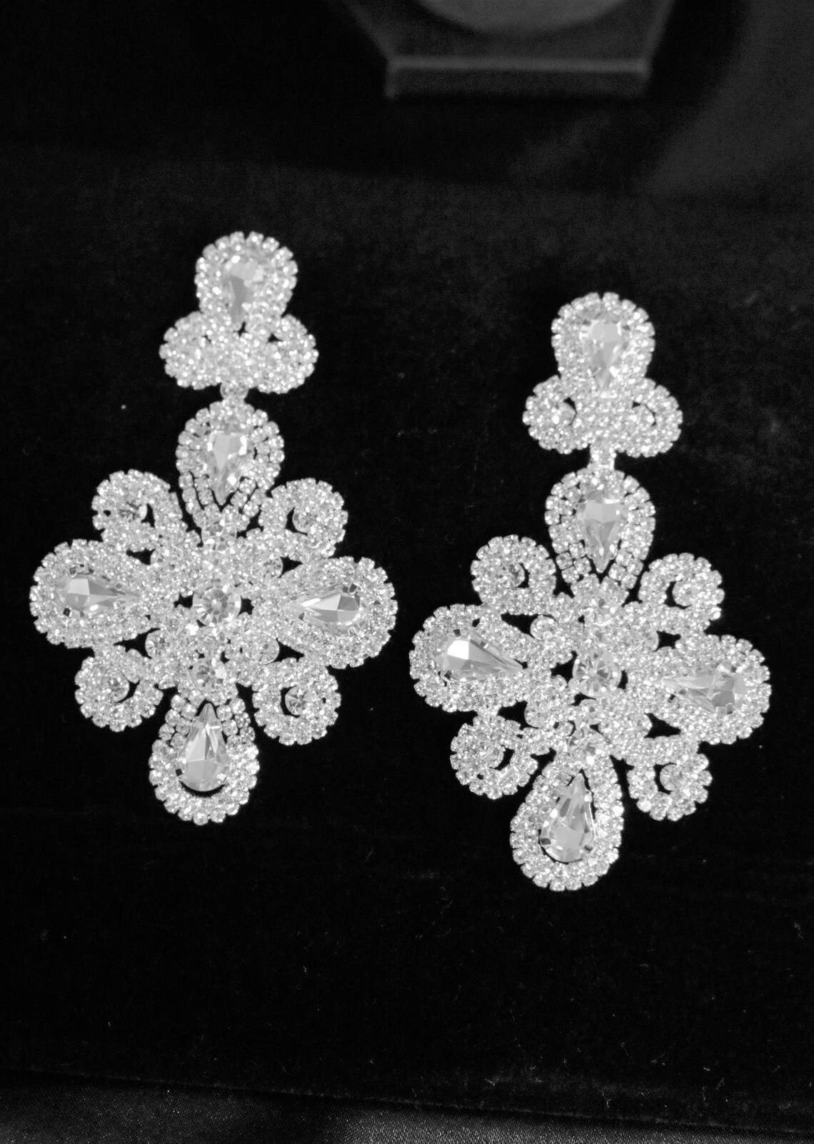 Clear Earrings Large White Rhinestone Teardrop Flower Earrings Etsy