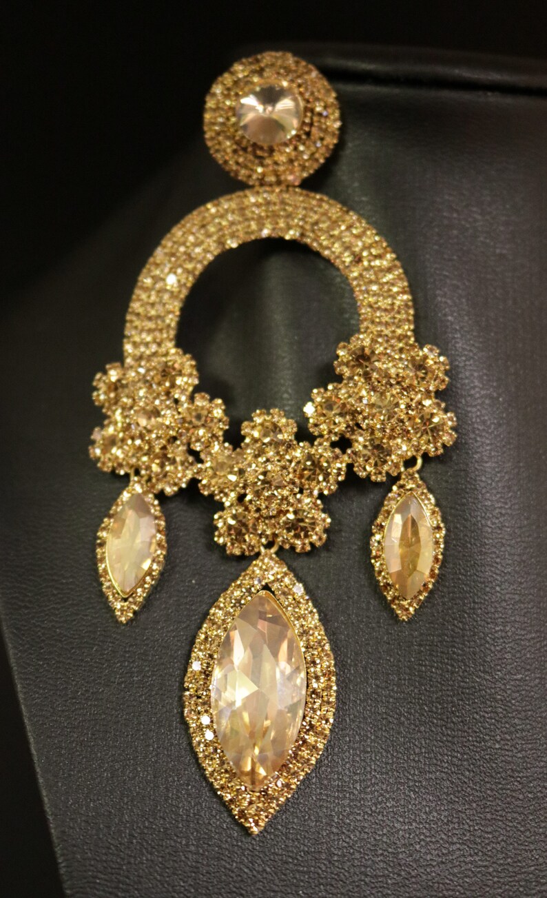 Gold Hoop Earrings Extra Large Rhinestone Teardrop Champagne Etsy