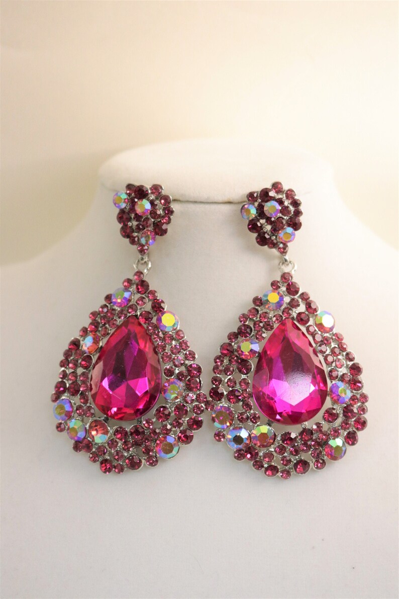 AB Hot Pink Earrings Fuchsia Earrings Wedding Teardrop Aurora Etsy