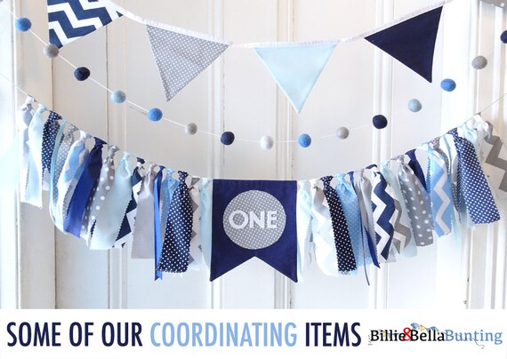 1st Birthday Banner Decorations Navy Grey Gray Blue Etsy