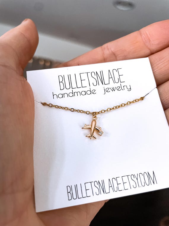 Collana Aereo In Acciaio Inox Placcato Oro 18K - Ciondolo Elicottero Con Catena Per Donna, Regalo In Sacchetto Di Velluto
