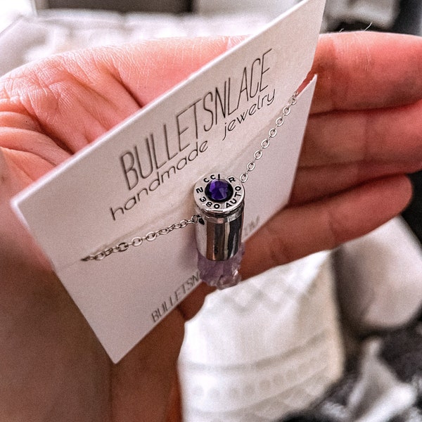 Bullet necklace, bullet casing necklace, bullet jewelry, amethyst necklace