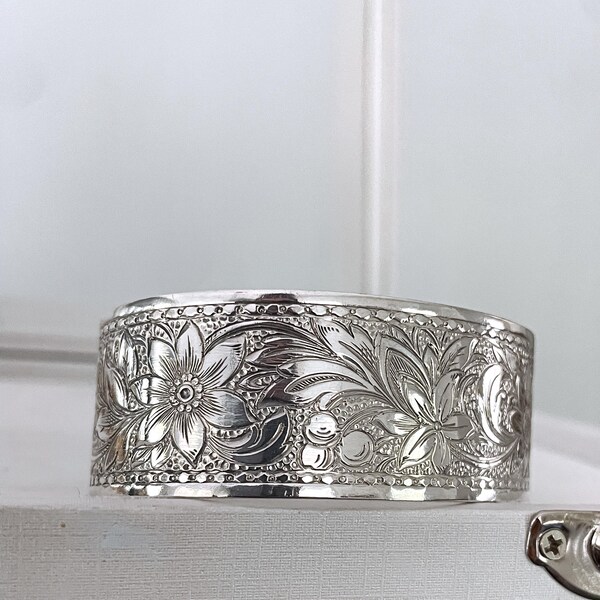 Vintage Sterling Silver Floral Cuff Bracelet - Hand Engraved Personalized Bangle
