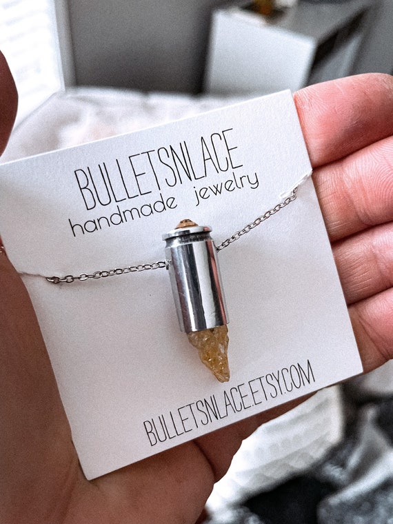 Bullet Necklace, Bullet Casing Necklace, Citrine Crystal Necklace