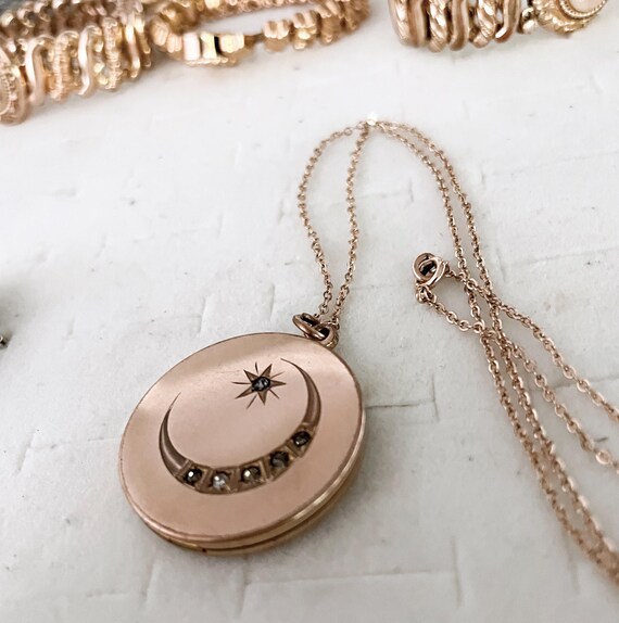 Antique Gold Filled Celestial Locket: Moon, Stars… - image 8