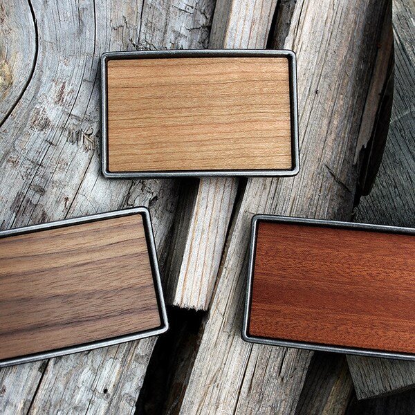 Real Wood Belt Buckle - Modern Rustic Minamalist Style - Wooden Inlay in Vintage Steel Finish