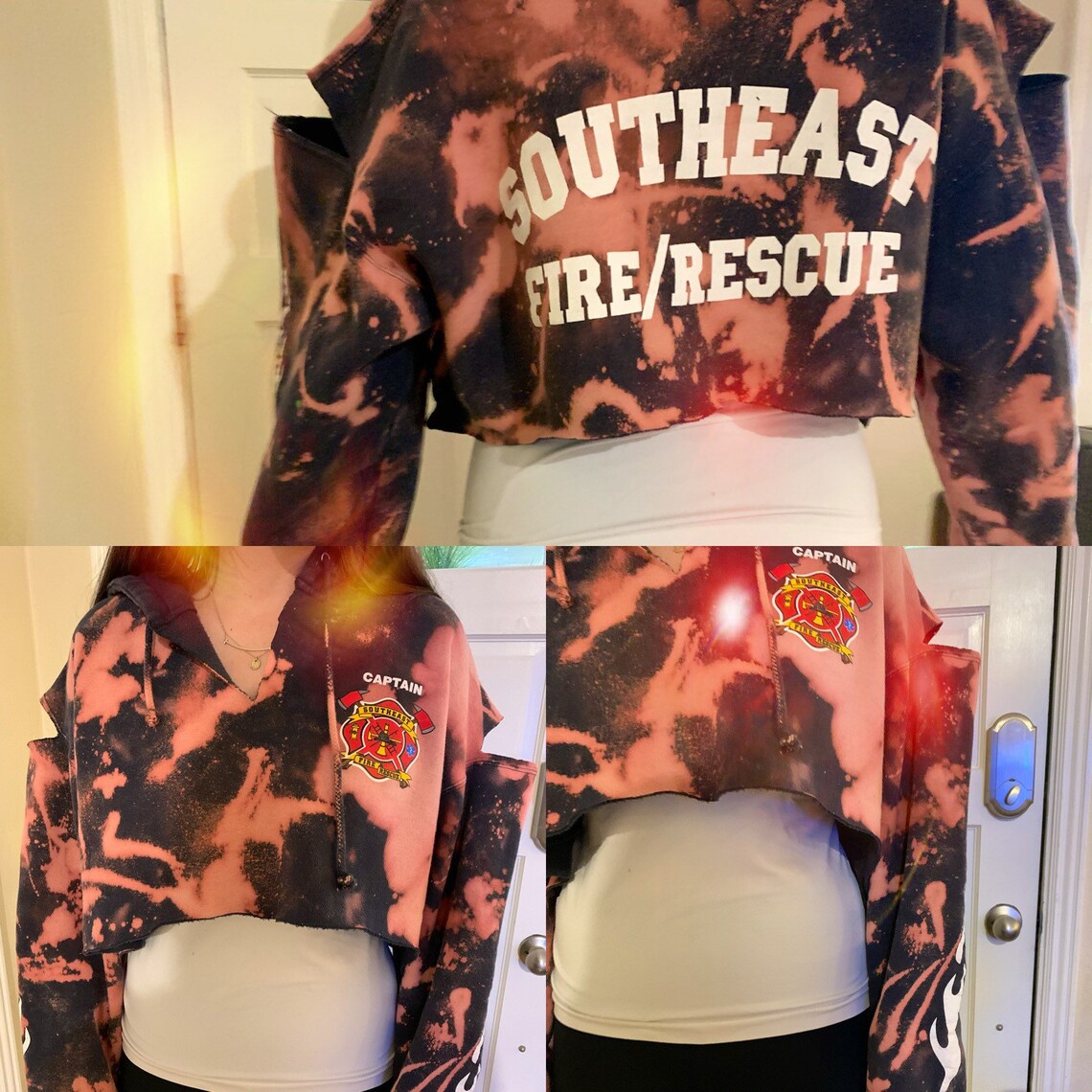 Cropped hoodie acid wash hoodie flames sweatshirt bleached Etsy