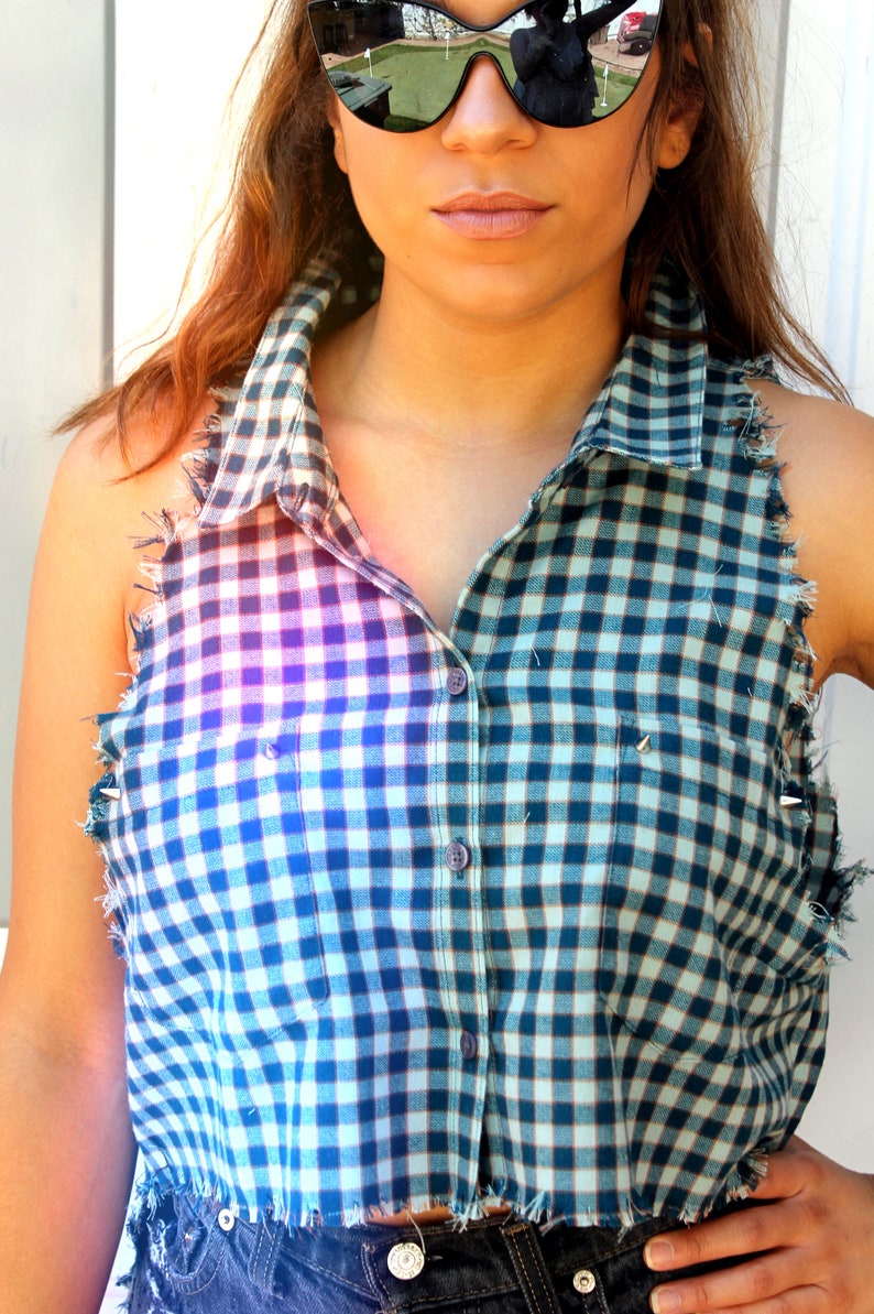 Sleeveless flannel studded flannel cropped flannel long in Etsy