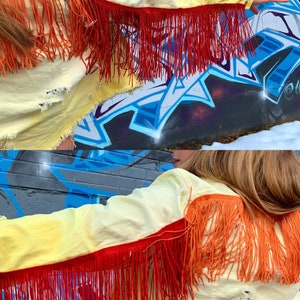 Fringe denim jacket, yellow denim jacket, cropped jacket, fringe jacket, distressed denim jacket, rock band jacket, denim jacket, ombré top