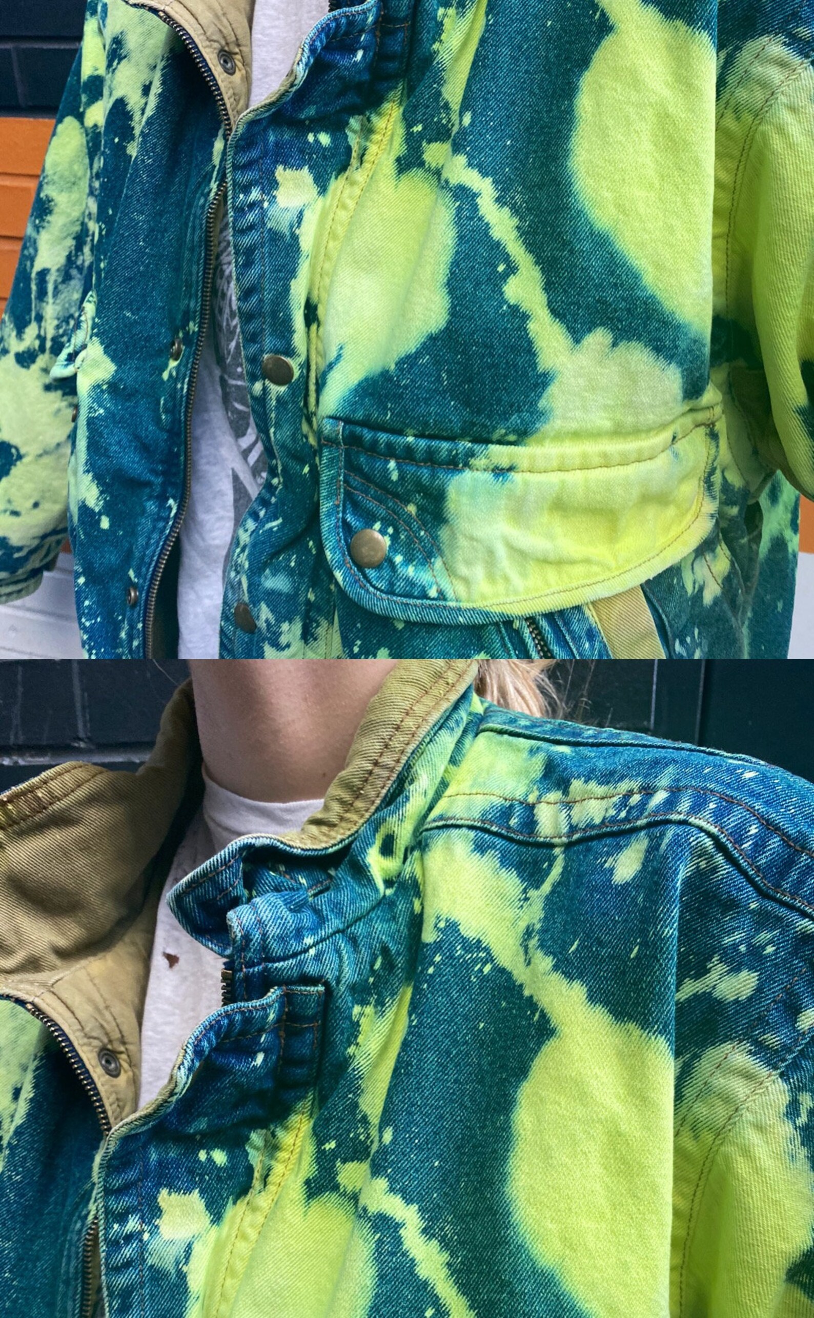 Tie Dyed Denim Jacket Bleached Denim Jacket Neon Yellow Etsy