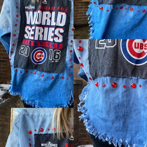 World Series shirt, Chicago cubs crop top, Chicago Cubs denim shirt, Chicago cubs shirt, bleached denim, cropped long sleeve