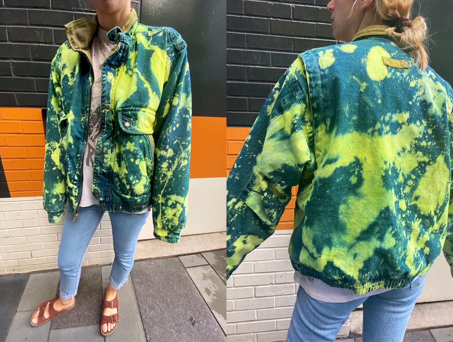Tie Dyed Denim Jacket Bleached Denim Jacket Neon Yellow Etsy