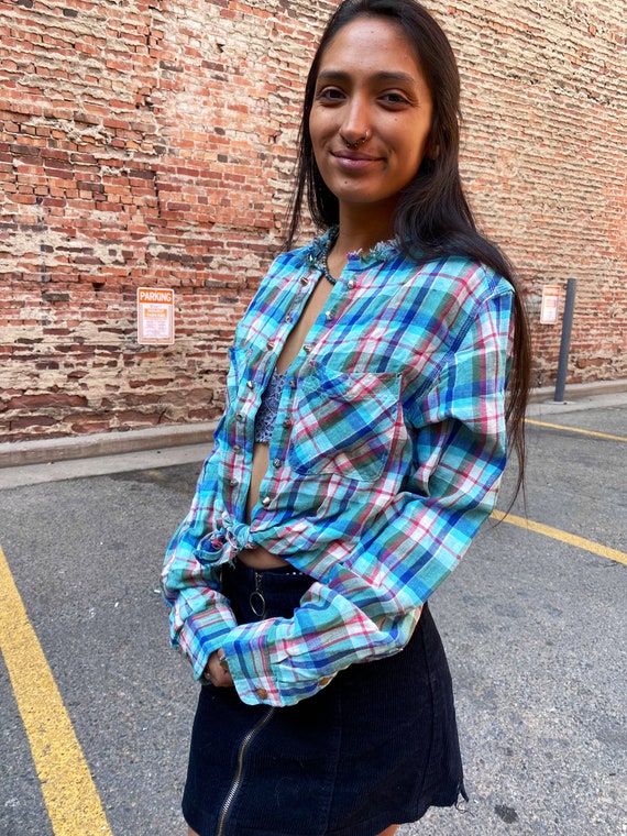 Cropped Flannel Front Tie Flannel Front 